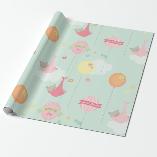 Sweet Bears Balloons Baby Girl Geschenkpapier (Ungerollt)