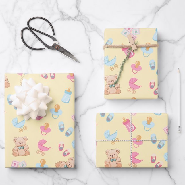 Sweet Beginnings Baby Wrapping Paper –Matte Finish Geschenkpapier Set (Vorderseite)