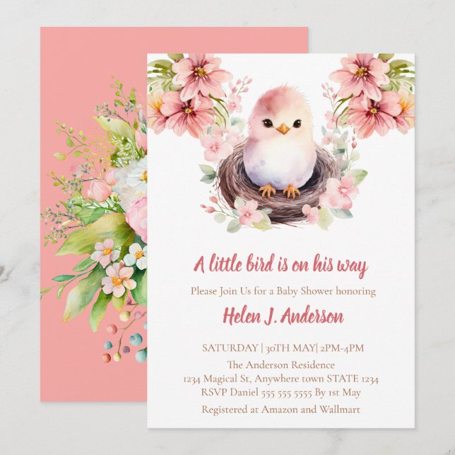 Sweet Bird Wasserfarbe Rosa Blume Kinderdusche Einladung (Vorne/Hinten)