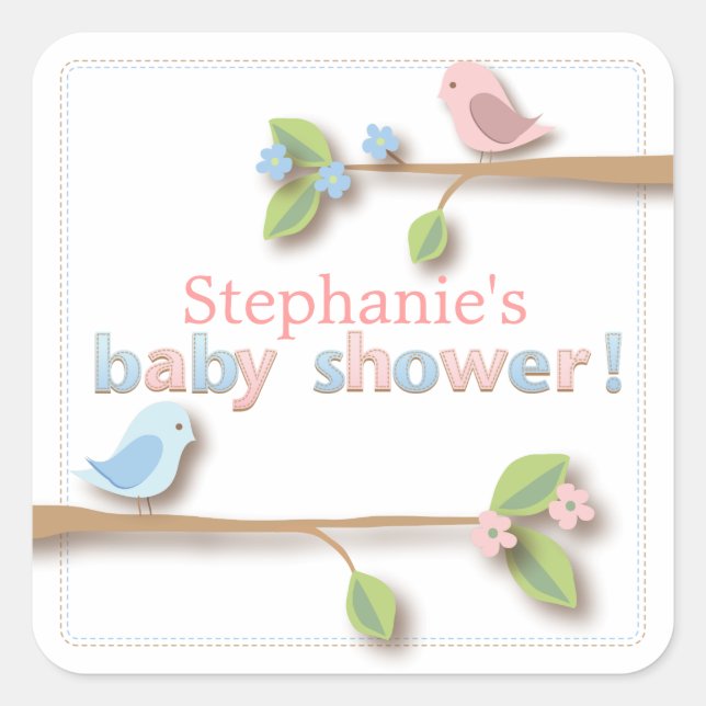Sweet Birdie Pink & Blue Baby Duschaufkleber Quadratischer Aufkleber (Vorderseite)