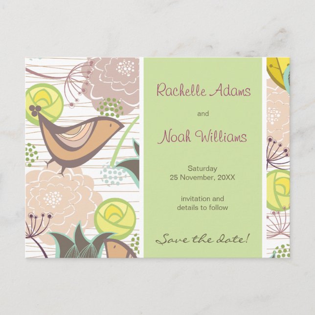 Sweet Birds Floral Garden Save the Date Postcard Ankündigungspostkarte (Vorderseite)
