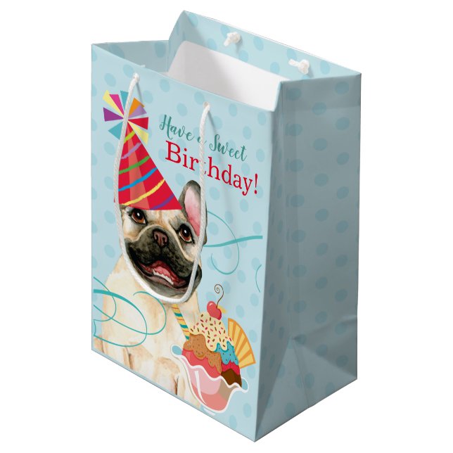 Sweet Birthday French Bulldog Medium Gift Bag Mittlere Geschenktüte (Vorderseite Schrägansicht)