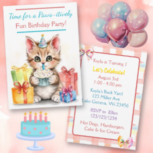 Sweet Birthday Kitten farbenfroh Einladung
