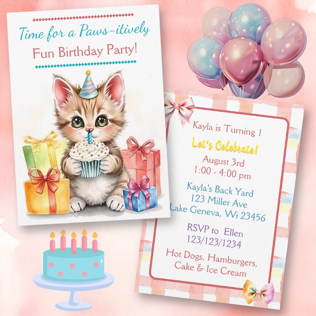 Sweet Birthday Kitten farbenfroh Einladung (Von Creator hochgeladen)
