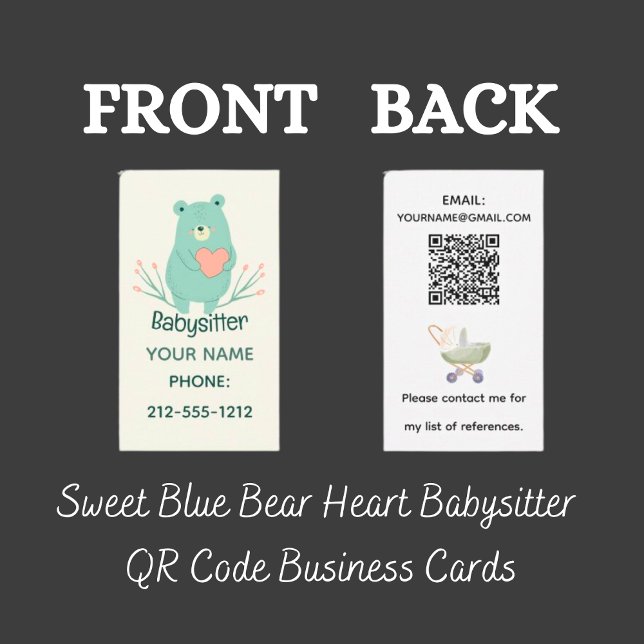 Sweet Blue Bar Heart Babysitter QR Code Visitenkarte (Sweet Blue Bear Heart Babysitter QR Code Business Cards)