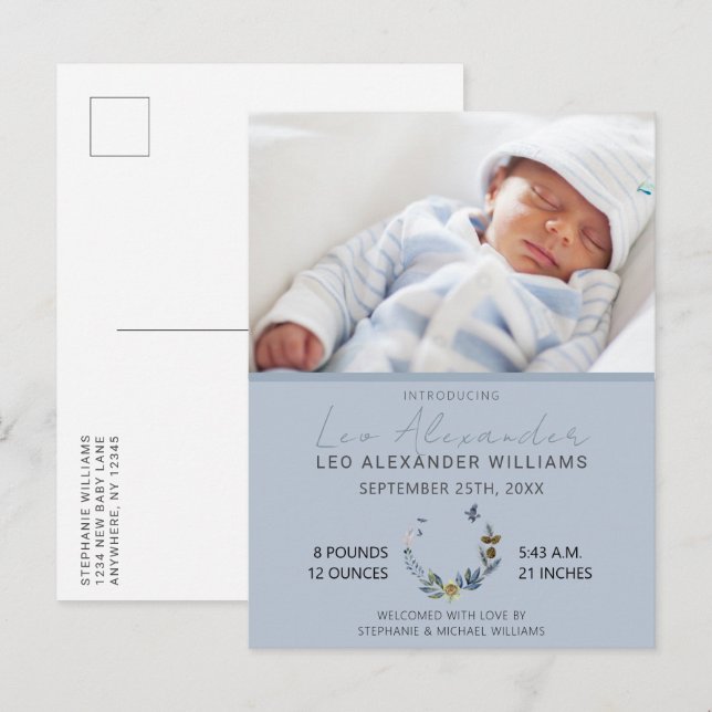 Sweet Blue Boho Floral Baby Boy Foto Birth Announ Ankündigungspostkarte (Vorne/Hinten)
