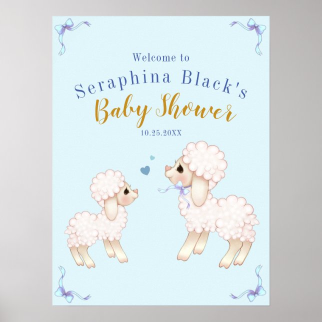 Sweet Blue Boy Lamb Baby Dusche Willkommenspender Poster (Vorne)