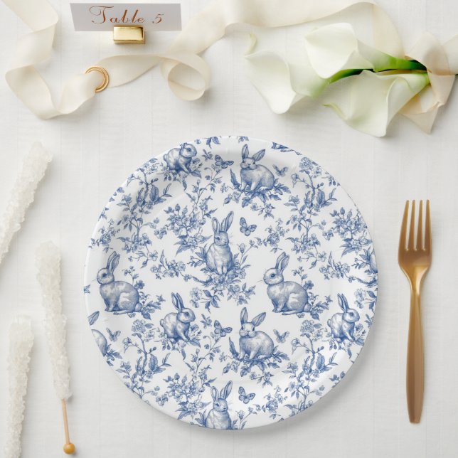 Sweet Blue Bunny Rabbits French Toile Pappteller (Hochzeit)
