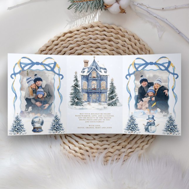 Sweet Blue Coquette Bow Christmas Wonderland Foto Dreifach Gefaltete Urlaubskarte (Von Creator hochgeladen)