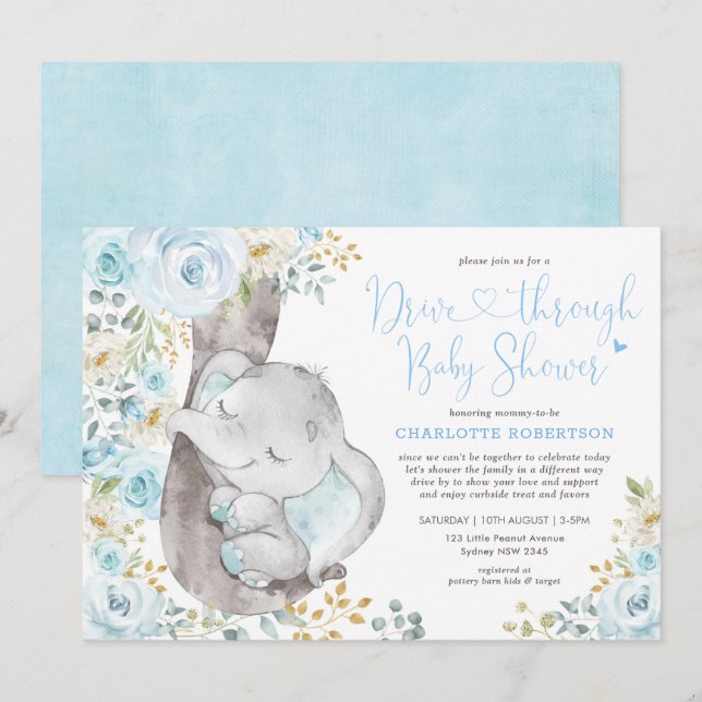 Sweet Blue Floral Elephant Drive by Baby Dusche Einladung (Vorne/Hinten)