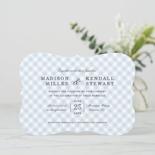 Sweet Blue Gingham | Einladung zur Hochzeit (Stehend Vorderseite)