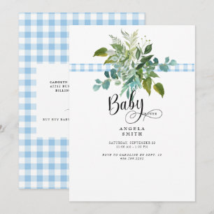 Sweet Blue Gingham Foliage Baby Dusche Einladung