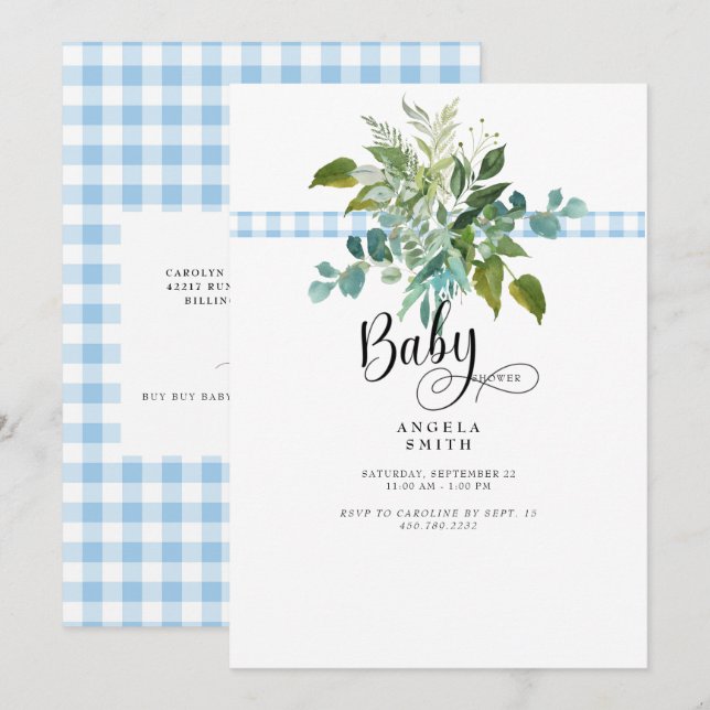 Sweet Blue Gingham Foliage Baby Dusche Einladung (Vorne/Hinten)