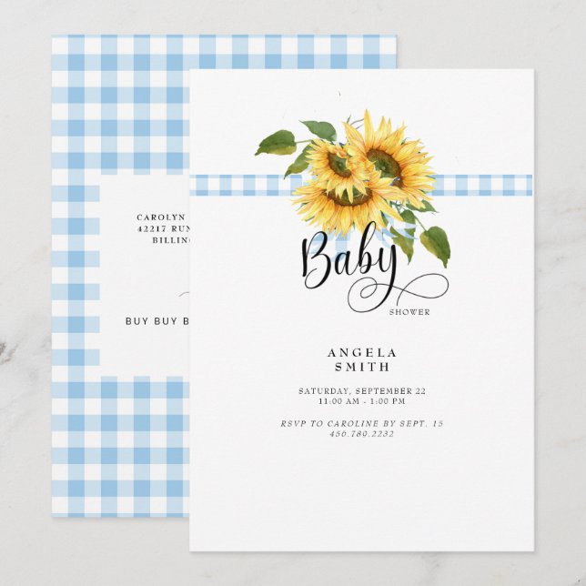 Sweet Blue Gingham Sunflower Baby Dusche Einladung (Vorne/Hinten)