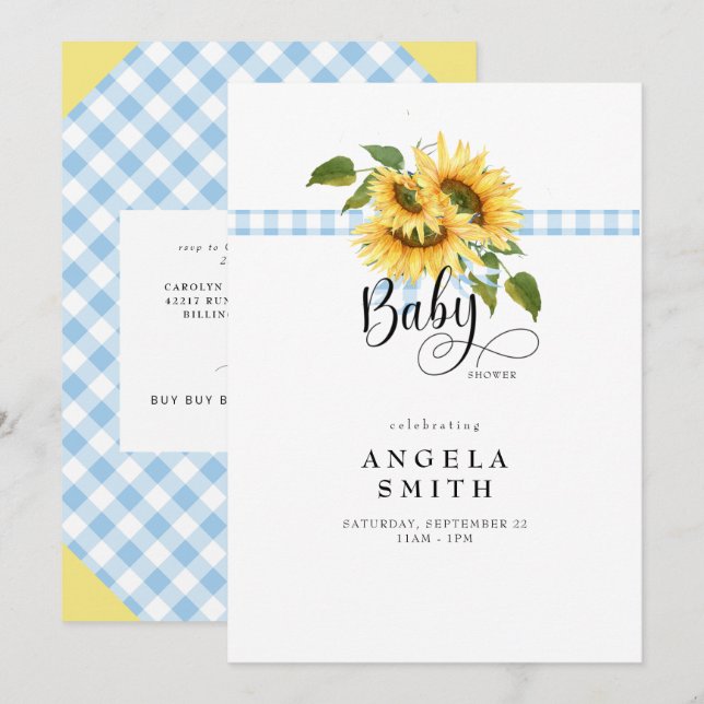 Sweet Blue Gingham Sunflower Baby Dusche Einladung (Vorne/Hinten)