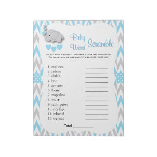 Sweet Blue & Gray Elephant Baby Shower Word Game 2 Notizblock