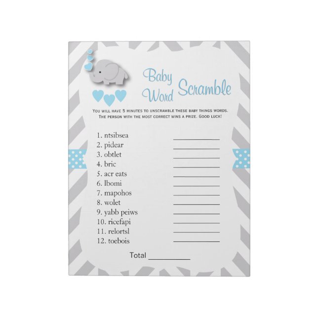 Sweet Blue & Gray Elephant Baby Shower Word Game Notizblock (Rotiert)