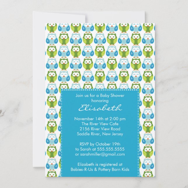 Sweet Blue Green Owls Boy Baby Dusche Einladung (Vorderseite)