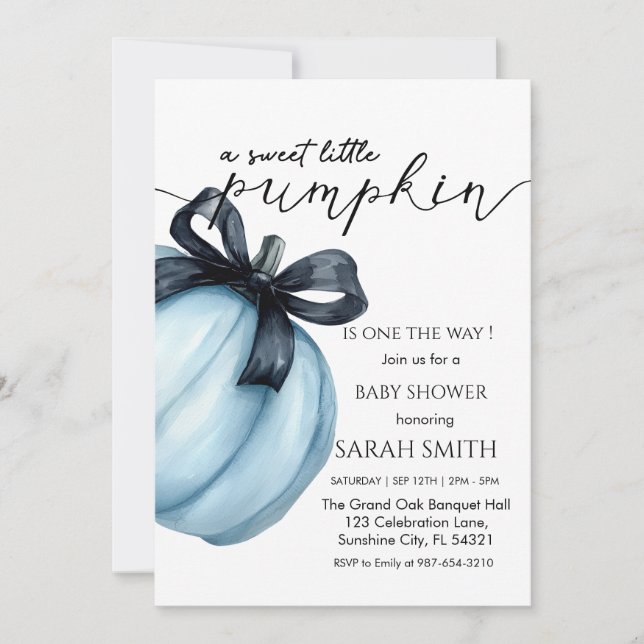 Sweet blue Little Pumpkin Baby Shower Einladung (Vorderseite)