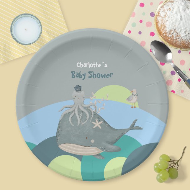 Sweet Blue Nautical Whale Baby Dusche Pappteller (Zazzle Sweet Blue Nautical Whale Baby Shower Paper Plates ©Susanne Sachers - Sunny Mind Design 🌞)