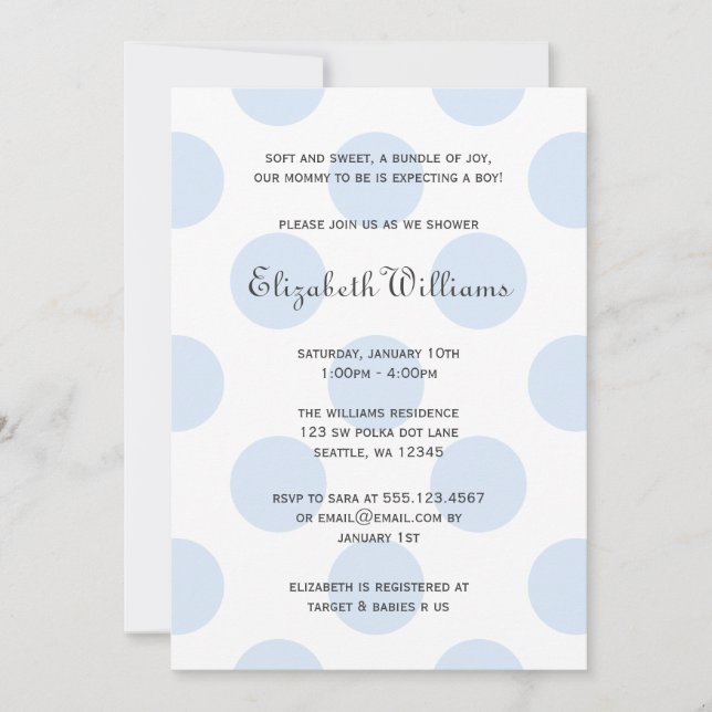 Sweet Blue Polka Dots Baby Boy Dusche Einladung (Vorderseite)
