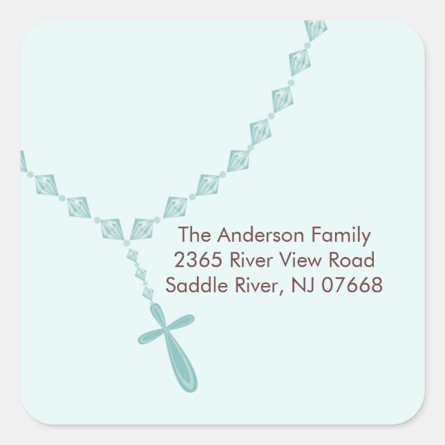 Sweet Blue Rosary Beads Adresse Aufkleber Taufe (Vorderseite)