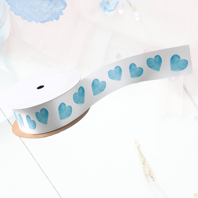Sweet Blue Watercolor Herz White Ribbon Satinband (Von Creator hochgeladen)