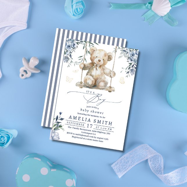 Sweet Blue Watercolor Teddy Boy Baby Dusche Einladung (Von Creator hochgeladen)