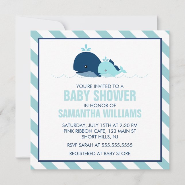Sweet Blue Whales Boy Baby Dusche Einladung (Vorderseite)