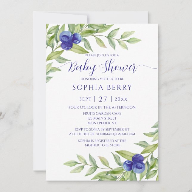 Sweet Blueberry Elegant Baby Shower Einladung (Vorderseite)