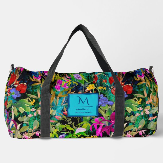 Sweet Blume Blätter farbenfrohe Monogramm Muster Duffle Bag (Vorderseite)