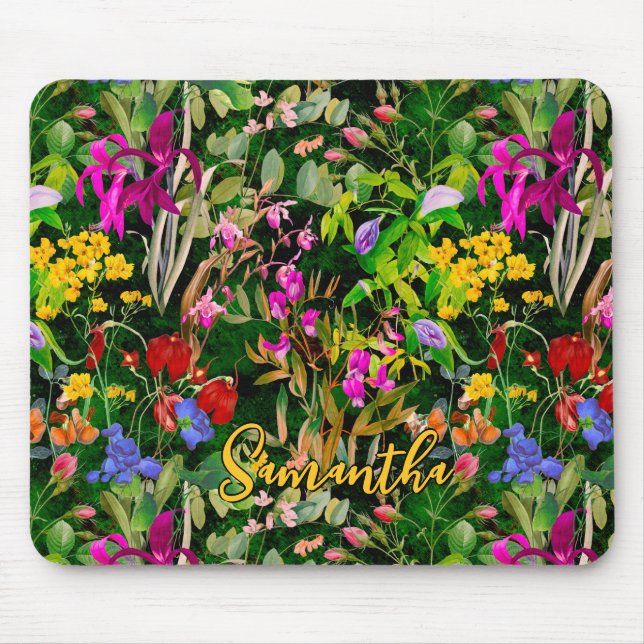Sweet Blume Blätter grünes Monogramm Muster Mousepad (Vorne)