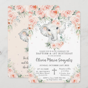 Sweet Blush Bloral Elephant Taufe 1. Geburtstag Einladung