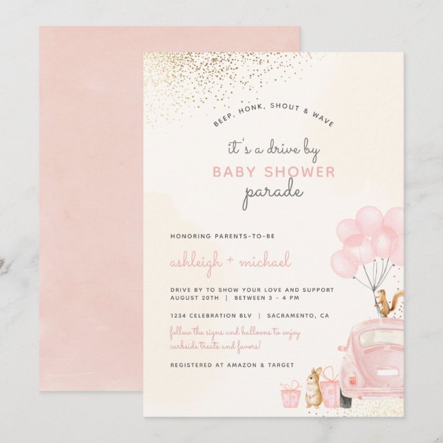 Sweet Blush Pink Balloons Auto mit Babydusche Einladung (Vorne/Hinten)