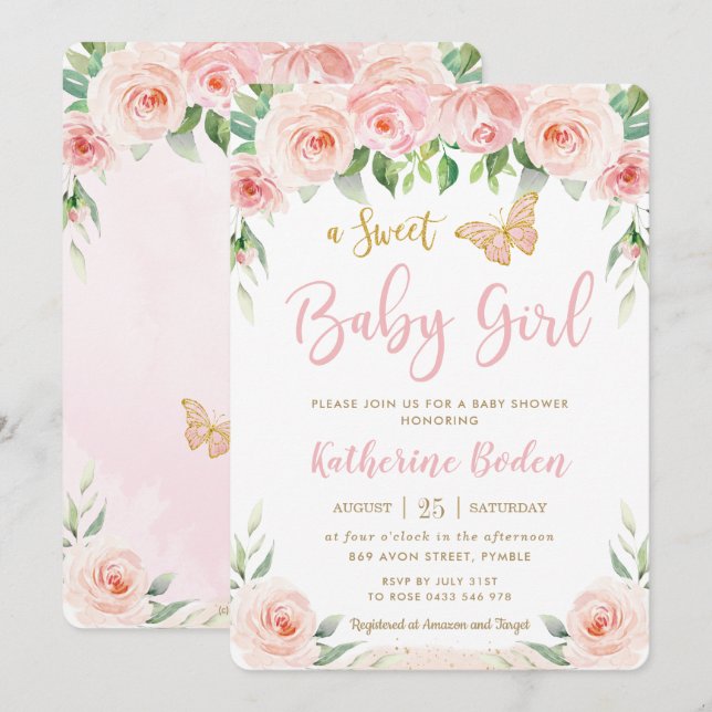 Sweet Blush Pink Bläschen Blumenhain Babydusche Einladung (Vorne/Hinten)