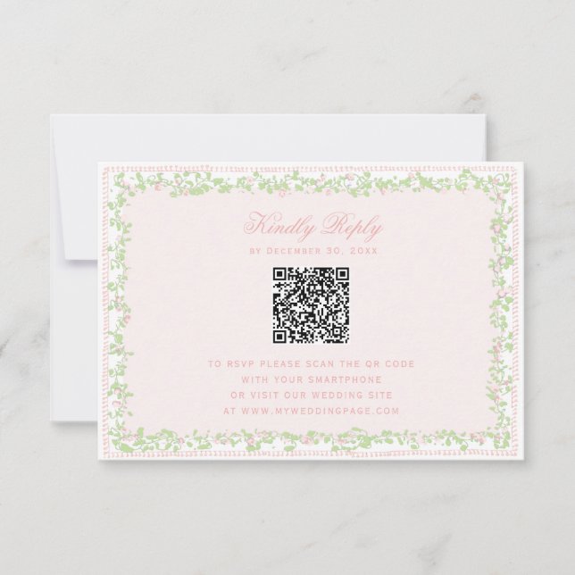 Sweet Blush Pink Floral Frame RSVP w/ Bow QR Code (Vorderseite)
