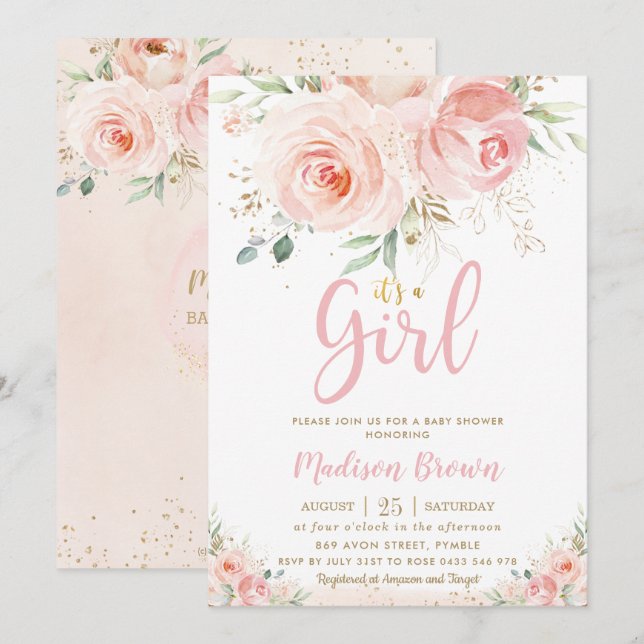 Sweet Blush Pink Floral Gold Girl Baby Dusche Einladung (Vorne/Hinten)