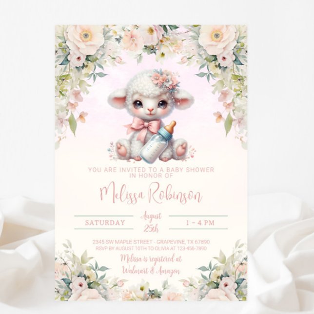 Sweet Blush Pink Floral Neugeborenes Lamb Baby Dus Einladung (Von Creator hochgeladen)