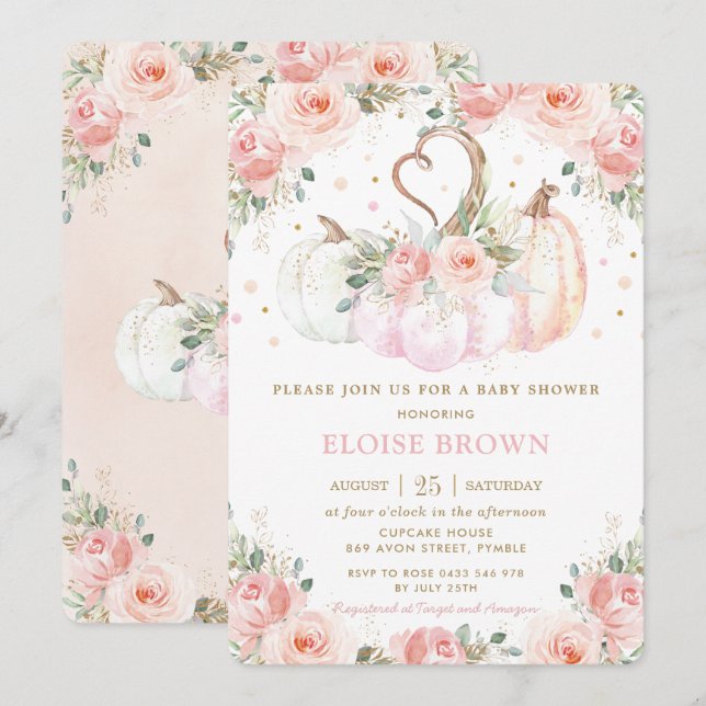 Sweet Blush Pink Floral Pumpkins Baby Dusche Einladung (Vorne/Hinten)