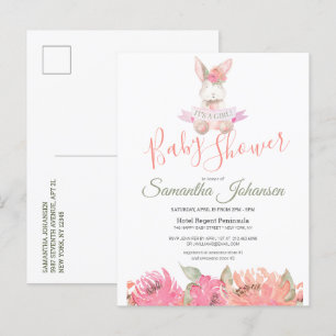 Sweet Boho Bunny Hübsch Pink Floral Baby Dusche Einladungspostkarte