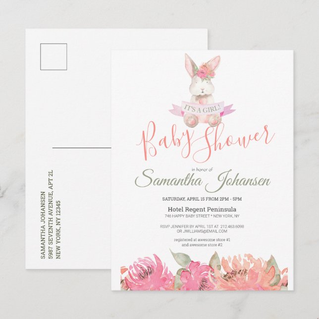 Sweet Boho Bunny Hübsch Pink Floral Baby Dusche Einladungspostkarte (Vorne/Hinten)