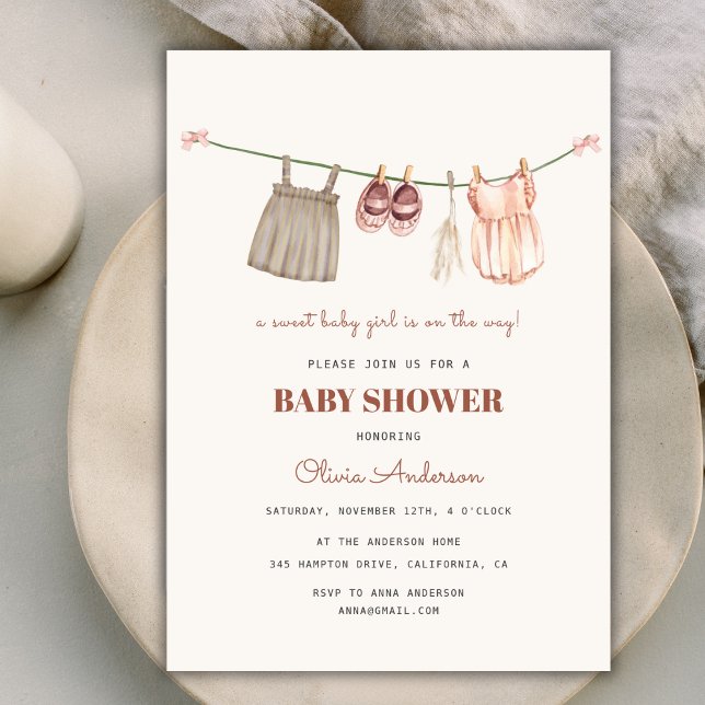 Sweet Boho Clothesline Girl Baby Dusche Einladung (Sweet Boho Clothesline Girl Baby Shower Invitation)