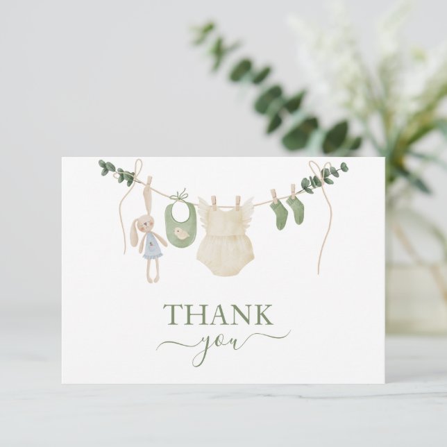 Sweet Boho Neutral Clothesline Girl Baby Shower Dankeskarte (Stehend Vorderseite)