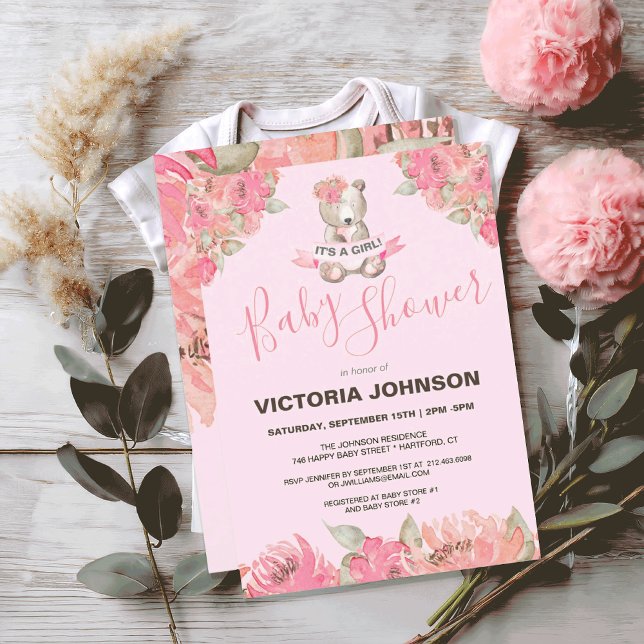 Sweet Boho Watercolor Blumenbär Woodland Baby Einladung (SWEET PINK FLORAL TEDDY BEAR GIRL BABY SHOWER INVITATION
)