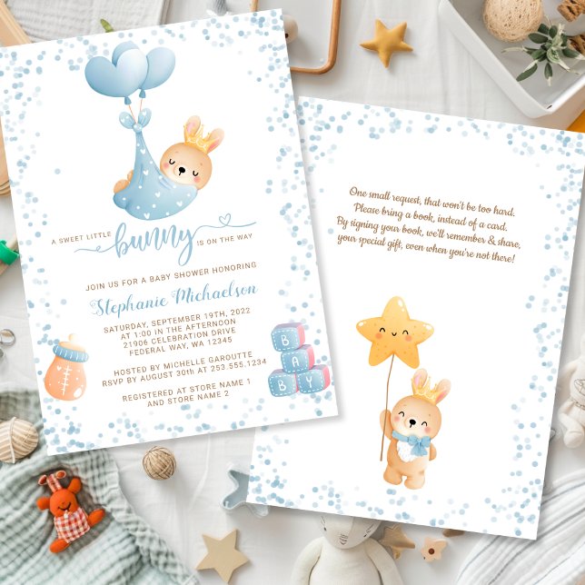 Sweet Boy Bunny mit Buchanfrage Kinderdusche Einladung (Boy Rabbit Sweet Little Bunny Book Request Baby Shower Invitation)