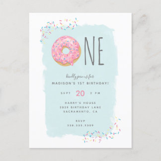 Sweet Bright Pink Donut mit Sprinkle 1. Geburtstag Einladungspostkarte