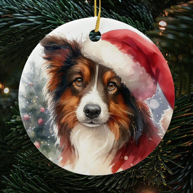 Sweet Brown Border Collie Weihnachtsmannmütze Weih Keramik Ornament (Von Creator hochgeladen)