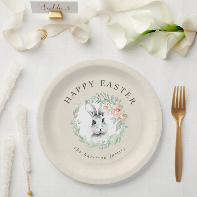 Sweet Bunny Floral Wreath Happy Oaster Pappteller (Hochzeit)