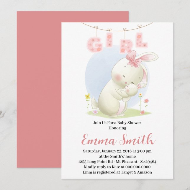 Sweet Bunny Girl Baby Dusche Einladung (Vorne/Hinten)