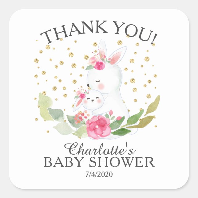 Sweet Bunny Girls Baby Dusche Quadratischer Aufkleber (Vorderseite)